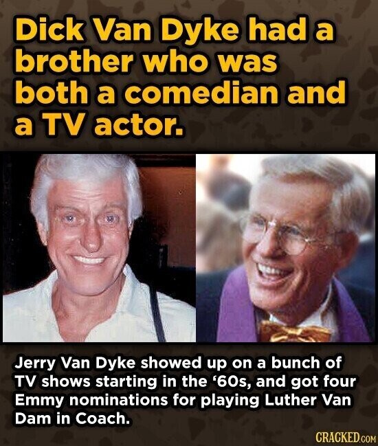 Dick Van Dyke had a brother who was both a comedian and a TV actor. Jerry Van Dyke showed up on a bunch of TV shows starting in the '60s, and got four Emmy nominations for playing Luther Van Dam in Coach. CRACKED.COM