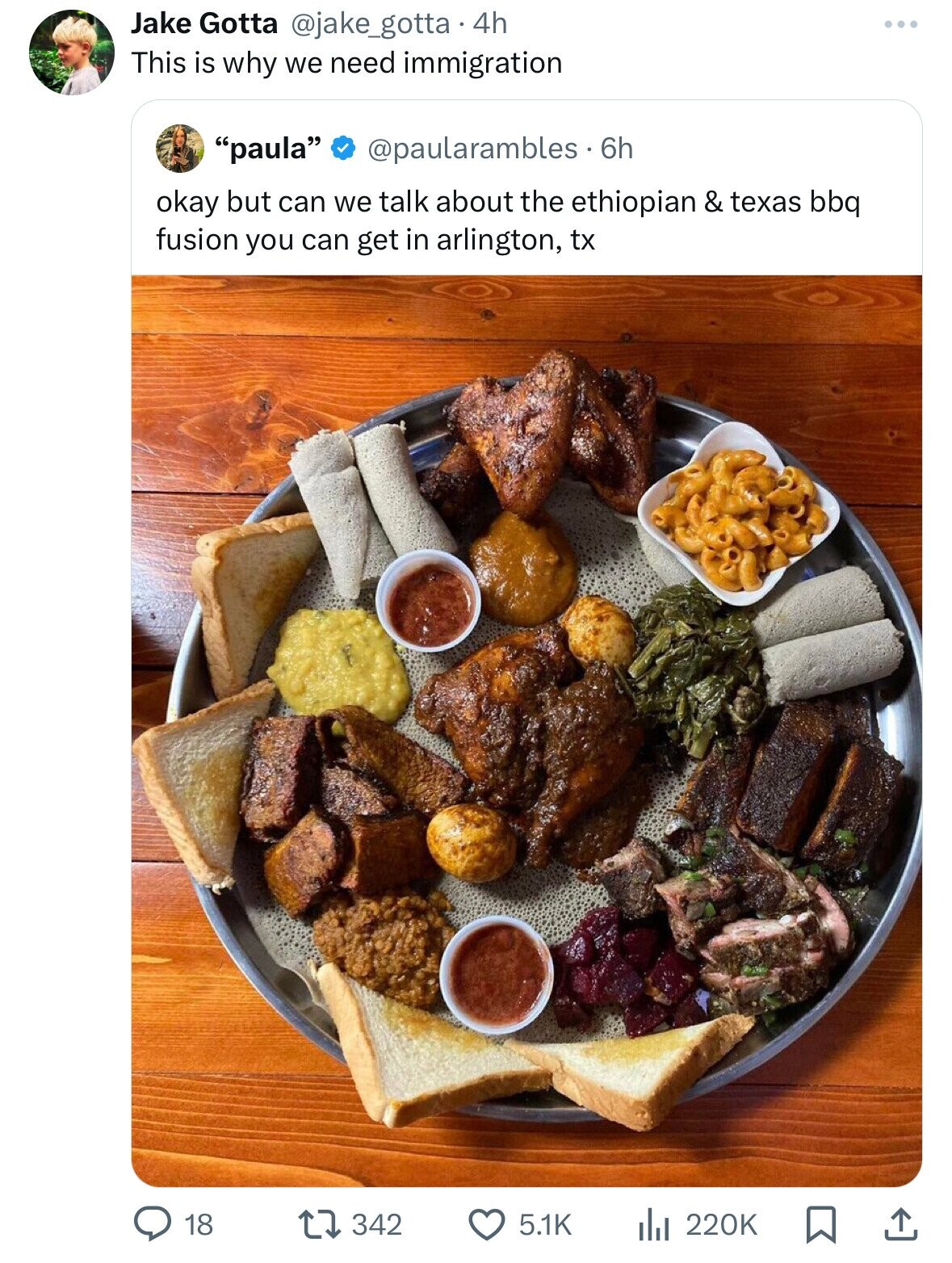 Jake Gotta @jake_gotta 4h This is why we need immigration paula @paularambles. 6h okay but can we talk about the ethiopian & texas bbq fusion you can get in arlington, tx 18 342 5.1K 220K