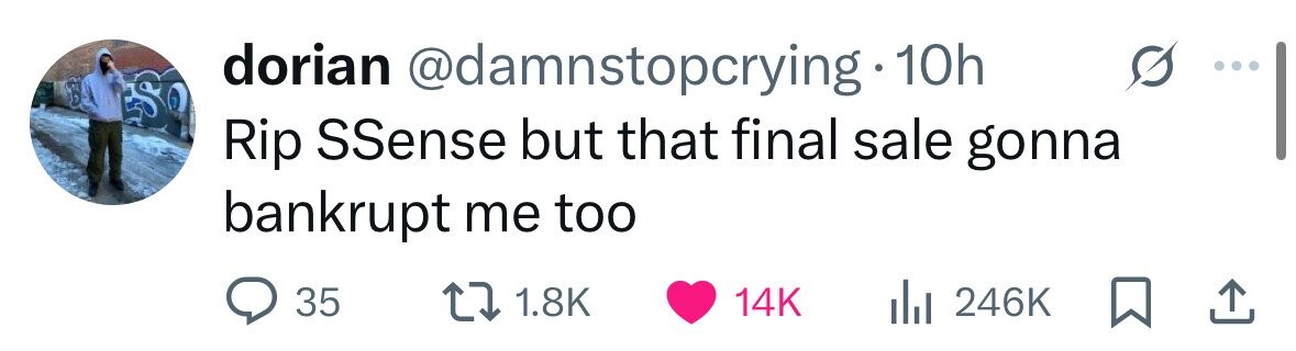 dorian @damnstopcrying 10h ESO Rip SSense but that final sale gonna bankrupt me too 35 1.8K 14K 246K 