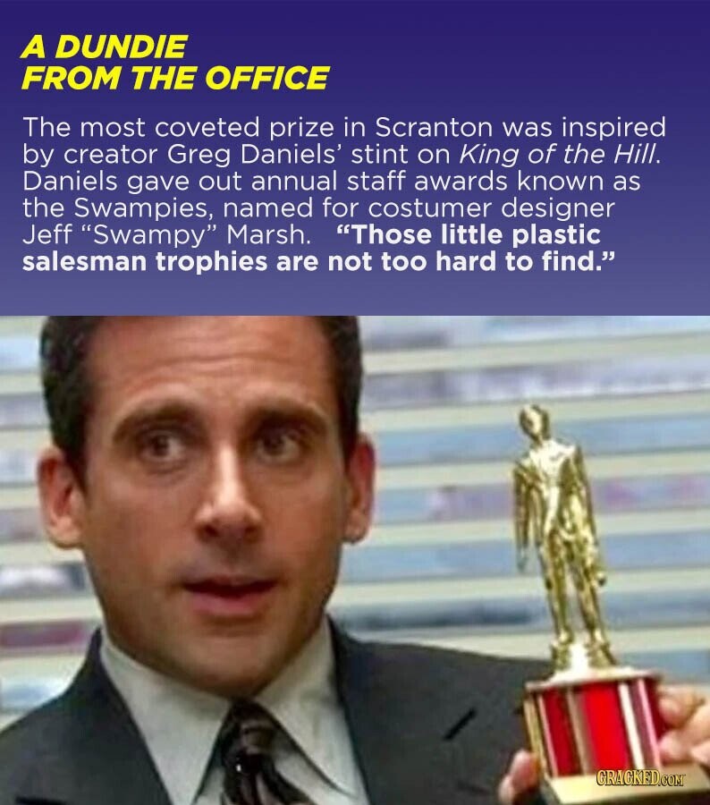 A DUNDIE FROM THE OFFICE The most coveted prize in Scranton was inspired by creator Greg Daniels' stint on King of the Hill. Daniels gave out annual staff awards known as the Swampies, named for costumer designer Jeff Swampy Marsh. Those little plastic salesman trophies are not too hard to find. GRAGKED.COM