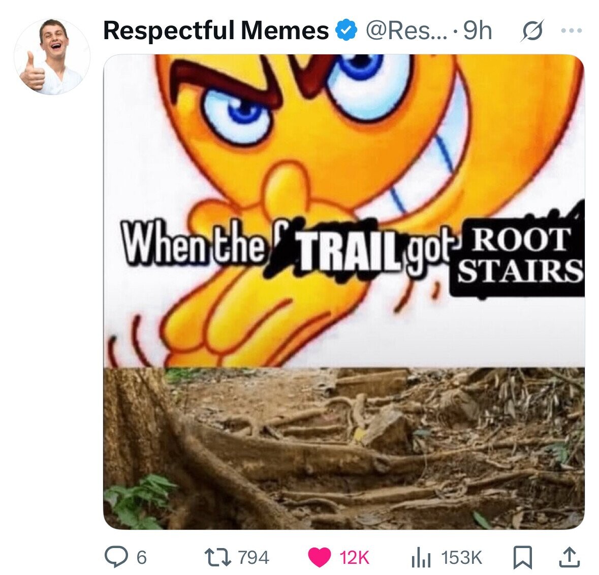 @Res... .9h Respectful Memes ... When the TRAIL got ROOT STAIRS 794 6 153K 12K 