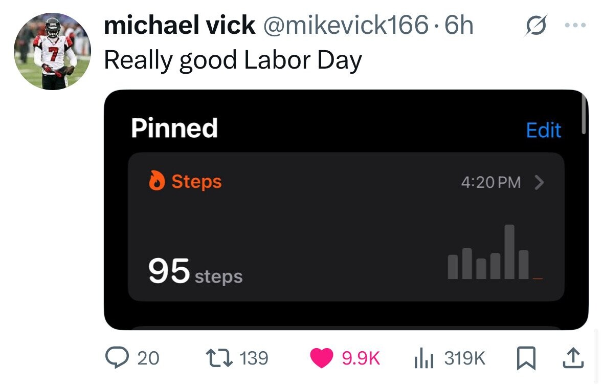 michael vick @mikevick166.6h ... 7 Really good Labor Day Pinned Edit Steps 4:20 PM 95 steps 20 139 9.9K del 319K 