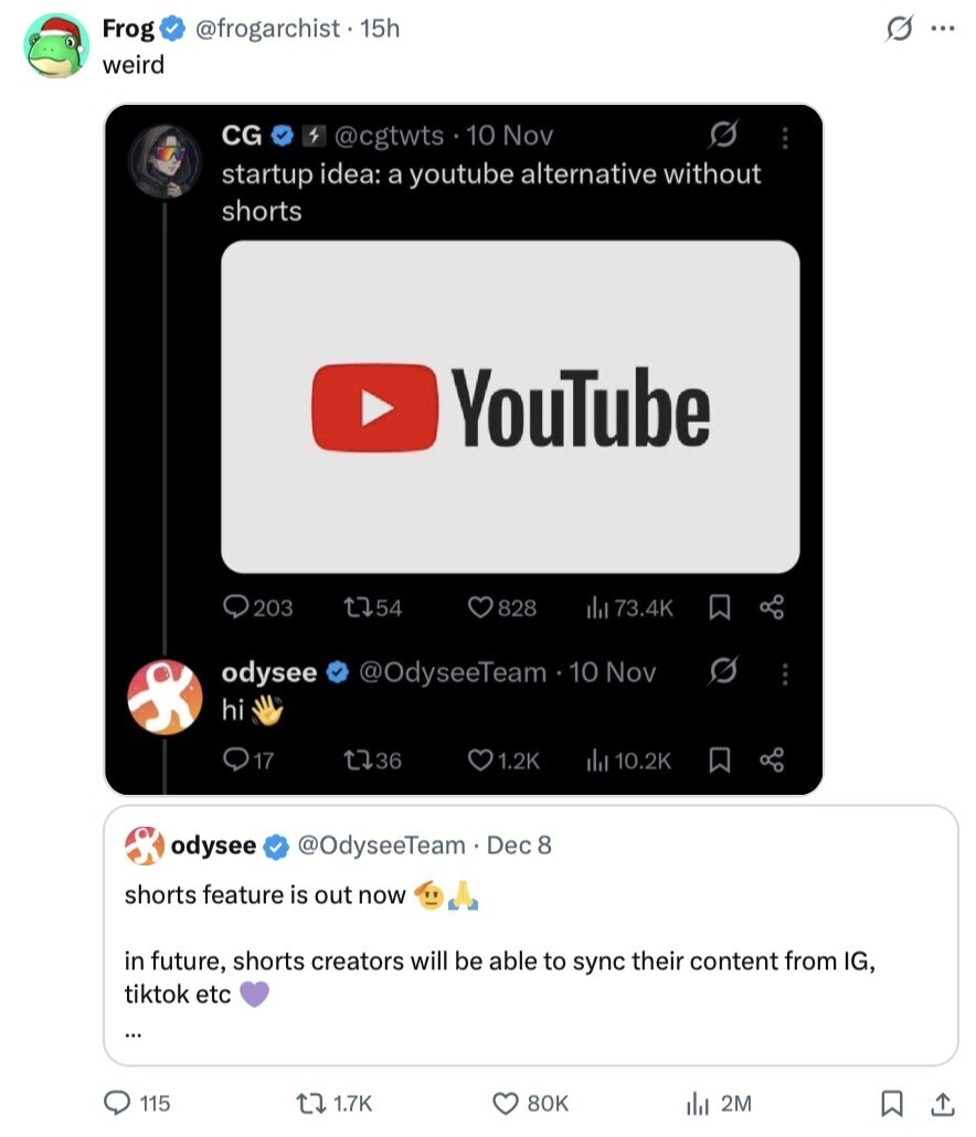 @frogarchist . 15h s ... Frog weird CG @cgtwts 10 Nov startup idea: a youtube alternative without shorts YouTube 54 203 828 del 73.4K odysee @OdyseeTeam 10 Nov hi 17 36 1.2K del 10.2K odysee @OdyseeTeam. Dec 8 shorts feature is out now in future, shorts creators will be able to sync their content from IG, tiktok etc ... 115 1.7K 80K del 2M 