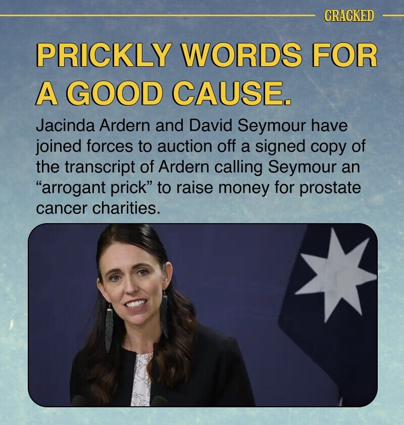 CRACKED PRICKLY WORDS FOR A GOOD CAUSE. Jacinda Ardern and David Seymour have joined forces to auction off a signed copy of the transcript of Ardern calling Seymour an arrogant prick to raise money for prostate cancer charities.