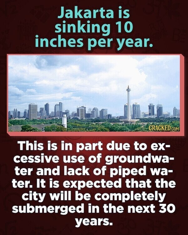 Jakarta is sinking 10 inches per year. CRACKED COM This is in part due to ex- cessive use of groundwa- ter and lack of piped wa- ter. It is expected that the city will be completely submerged in the next 30 years.