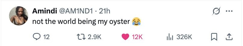Amindi @AM1ND1 2 21h ... not the world being my oyster 12 2.9K 12K 326K
