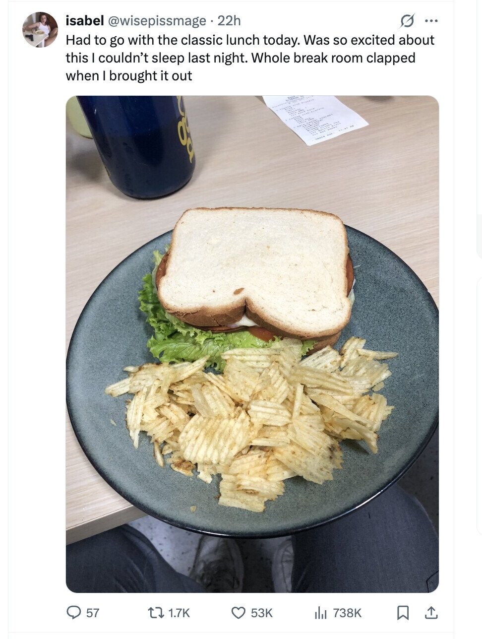 isabel @wisepissmage 22h O ... Had to go with the classic lunch today. Was so excited about this I couldn't sleep last night. Whole break room clapped when I brought it out 2000 57 1.7K 53K del 738K