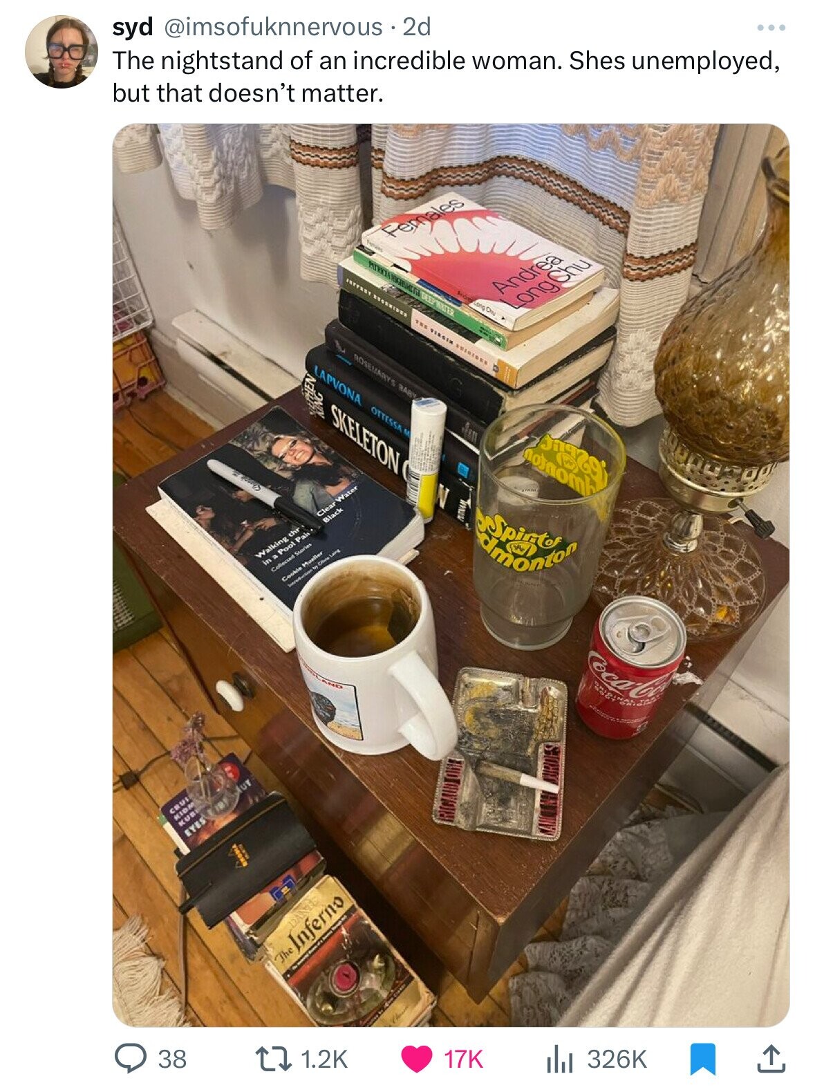 syd @imsofuknnervous 2d The nightstand of an incredible woman. Shes unemployed, but that doesn't matter. Females DEEP WATER ......... fros Andrea Long Chu LongChu THE VIRGIN SUSOIDES ROSEMARYS BABY LAPVONA NERRY SKELETON OTTESSA M ongegi nosnomb N Clear Water Black PUTNAM dreamstime Walking thr in Pool Pal Collected Stories Cookie Mueller Introduction S BHO Coca-Co Figh J DURDES AUT a CRUI KIDM KUBI EYES i DANIE The Inferno 38 1.2K 17K 326K