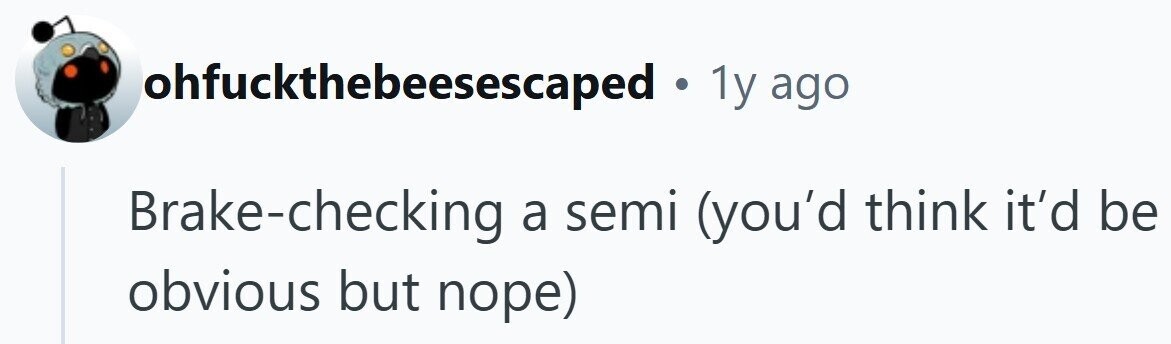 ohfuckthebeesescaped . 1y ago Brake-checking a semi (you'd think it'd be obvious but поре)