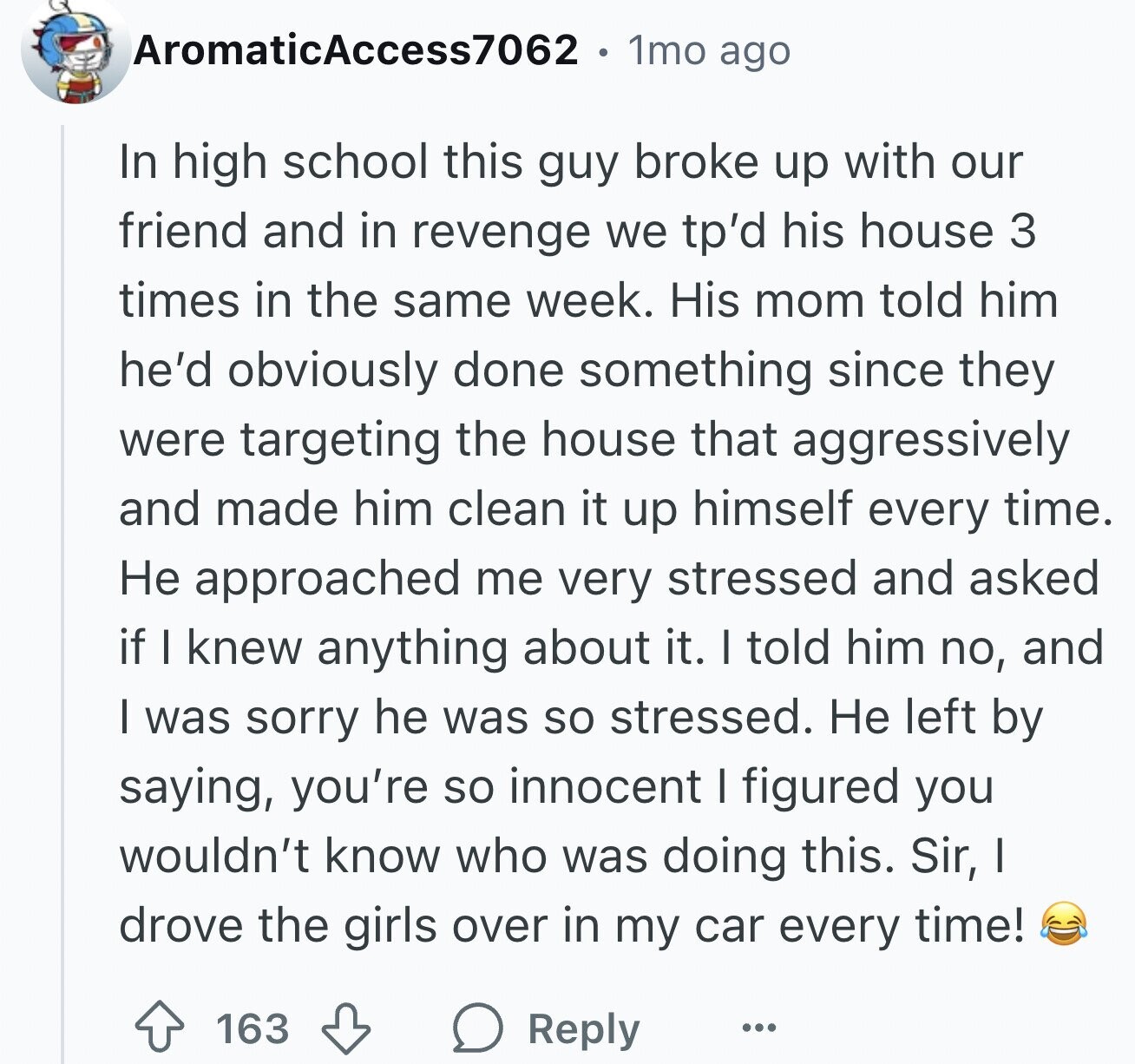 AromaticAccess7062 1mo ago In high school this guy broke up with our friend and in revenge we tp'd his house 3 times in the same week. His mom told him he'd obviously done something since they were targeting the house that aggressively and made him clean it up himself every time. Не approached me very stressed and asked if I knew anything about it. I told him no, and I was sorry he was so stressed. Не left by saying, you're so innocent I figured you wouldn't know who was doing this. Sir, I drove the girls over in my