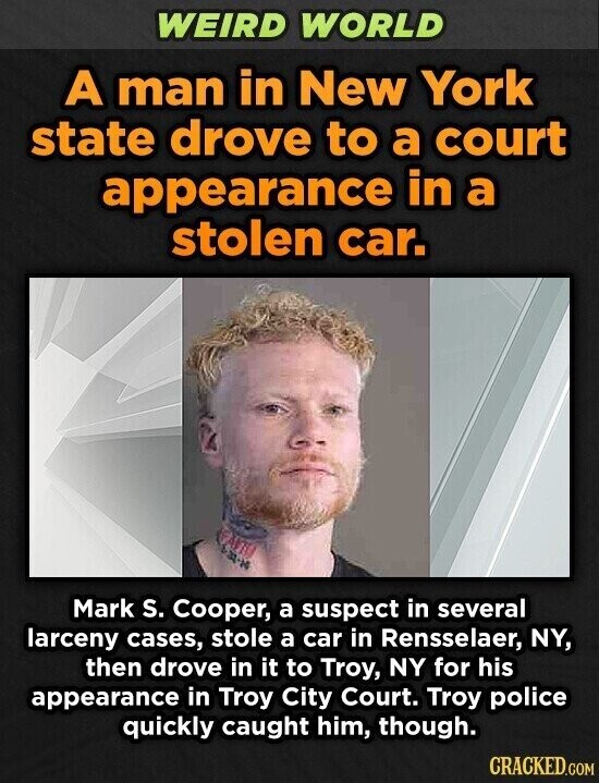 WEIRD WORLD A man in New York state drove to a court appearance in a stolen car. 32-14 Mark S. Cooper, a suspect in several larceny cases, stole a car in Rensselaer, NY, then drove in it to Troy, NY for his appearance in Troy City Court. Troy police quickly caught him, though. CRACKED.COM