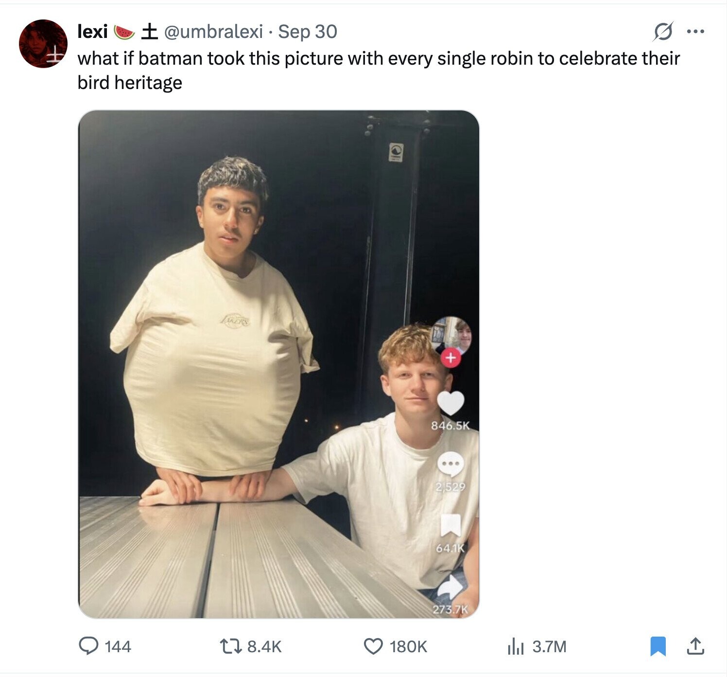 lexi G ... ± @umbralexi Sep 30 what if batman took this picture with every single robin to celebrate their bird heritage + 846.5K 2,529 64.1K 273.7K 144 8.4K 180K del 3.7M 