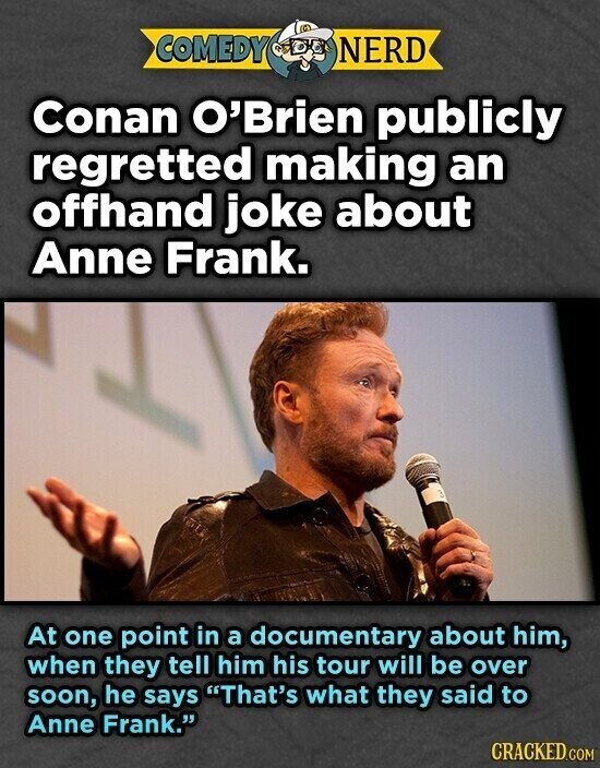 COMEDY NERD Conan O'Brien publicly regretted making an offhand joke about Anne Frank. At one point in a documentary about him, when they tell him his tour will be over soon, he says That's what they said to Anne Frank. CRACKED.COM