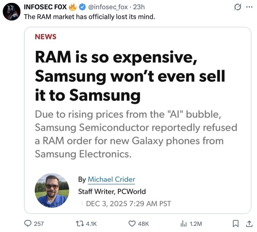 INFOSEC FOX @infosec_fox 23h S ... The RAM market has officially lost its mind. NEWS RAM is so expensive, Samsung won't even sell it to Samsung Due to rising prices from the AI bubble, Samsung Semiconductor reportedly refused a RAM order for new Galaxy phones from Samsung Electronics. By Michael Crider Staff Writer, PCWorld DEC 3, 2025 7:29 AM PST 257 4.1K 48K del 1.2M 