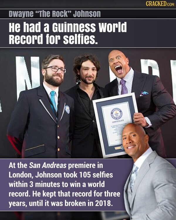 CRACKED.COM Dwayne The Rock Johnson не had a Guinness world Record for selfies. CERTIFICATE - - - - - - - - - At the San Andreas premiere in London, Johnson took 105 selfies within 3 minutes to win a world record. Не kept that record for three years, until it was broken in 2018.