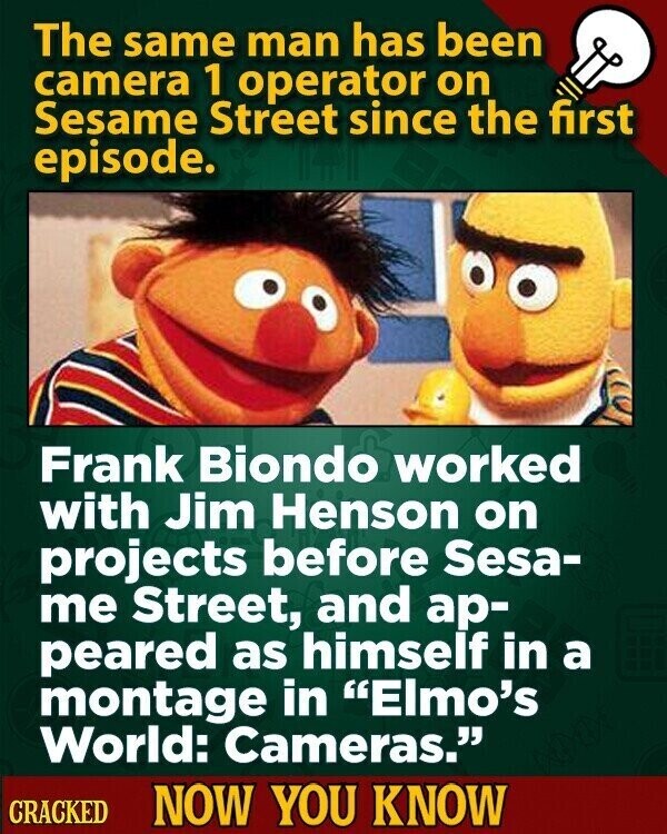 The same man has been camera 1 operator on Sesame Street since the first episode. Frank Biondo worked with Jim Henson on projects before Sesa- me Street, and ар- peared as himself in a montage in Elmo's World: Cameras. CRACKED NOW YOU KNOW