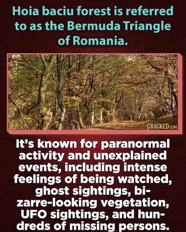 Hoia baciu forest is referred to as the Bermuda Triangle of Romania. CRACKED.COM It's known for paranormal activity and unexplained events, including intense feelings of being watched, ghost sightings, bi- zarre-looking vegetation, UFO sightings, and hun- dreds of missing persons.