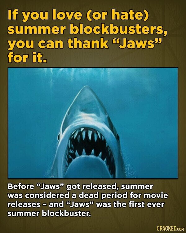 If you love (or hate) summer blockbusters, you can thank Jaws for it. Before Jaws got released, summer was considered a dead period for movie releases - and Jaws was the first ever summer blockbuster. CRACKED.COM