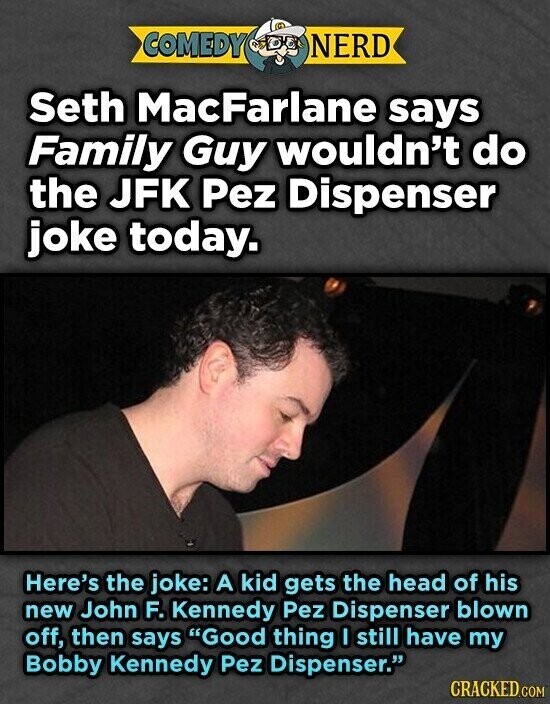 COMEDY NERD Seth MacFarlane says Family Guy wouldn't do the JFK Pez Dispenser joke today. Here's the joke: A kid gets the head of his new John F. Kennedy Pez Dispenser blown off, then says Good thing I still have my Bobby Kennedy Pez Dispenser. CRACKED.COM
