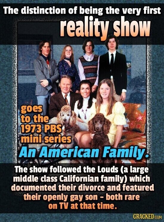The distinction of being the very first reality show goes to the 1973 PBS mini series An American Family. The show followed the Louds (a large middle class Californian family) which documented their divorce and featured their openly gay son-both rare on TV at that time. CRACKED.COM