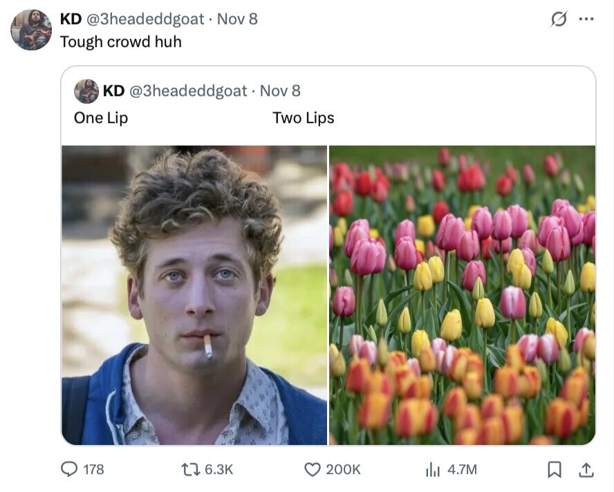 G ... KD @3headeddgoat. Nov 8 Tough crowd huh KD @3headeddgoat Nov 8 One Lip Two Lips 178 6.3K 200K del 4.7M 