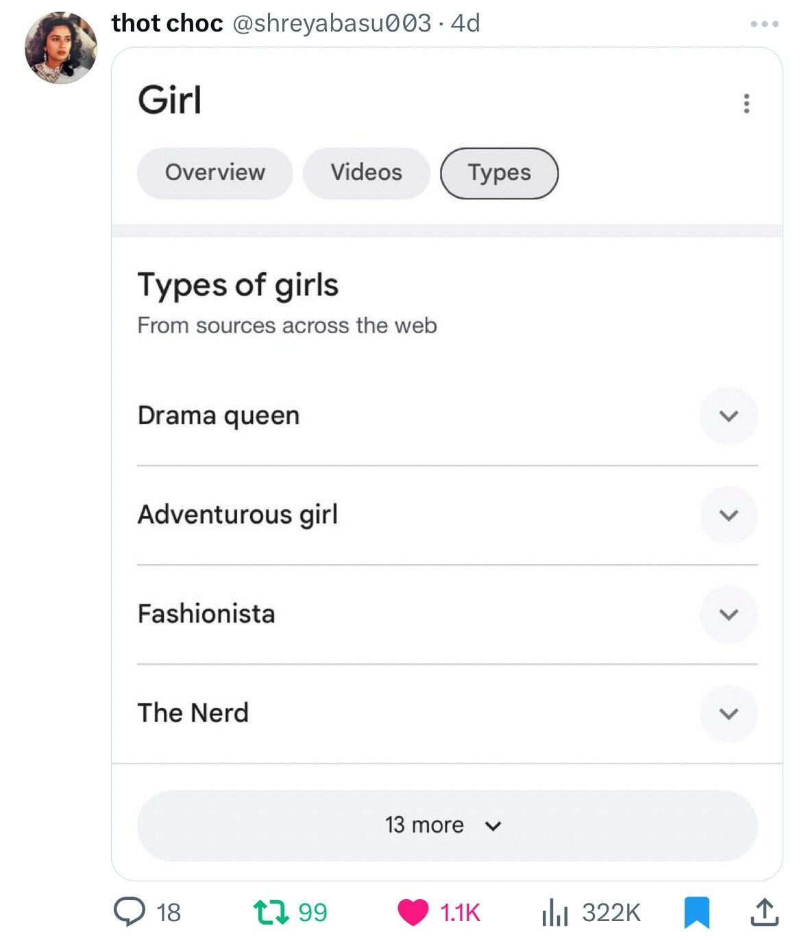 thot choc @shreyabasu003.4d Girl ... Overview Videos Types Types of girls From sources across the web Drama queen Adventurous girl Fashionista The Nerd 13 more 18 99 1.1K 322K