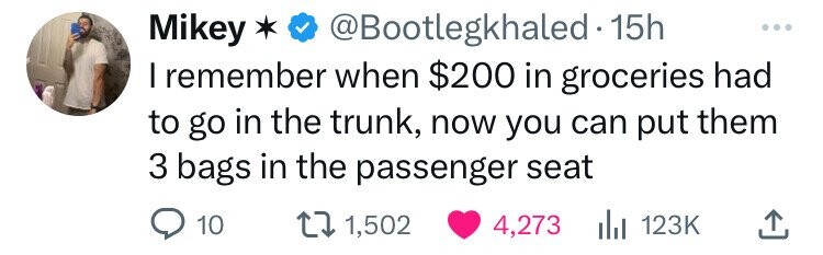 Mikey * @Bootlegkhaled-15h ... I remember when $200 in groceries had to go in the trunk, now you can put them 3 bags in the passenger seat 10 1,502 4,273 123K 