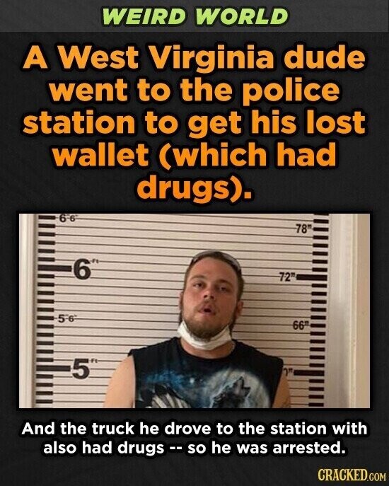 WEIRD WORLD A West Virginia dude went to the police station to get his lost wallet (which had drugs). 6-6 78 6 72th 5-6 66 5 And the truck he drove to the station with also had drugs .. so he was arrested. CRACKED.COM