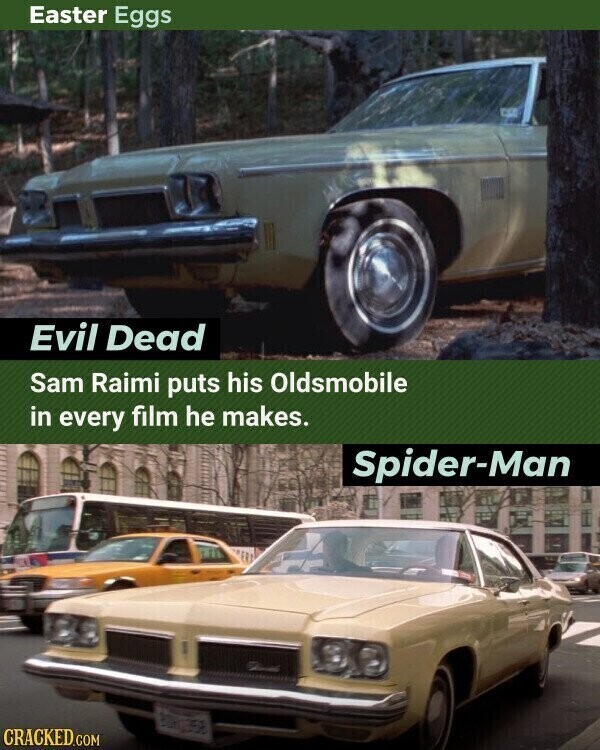 Easter Eggs Evil Dead Sam Raimi puts his Oldsmobile in every film he makes. Spider-Man CRACKED.COM