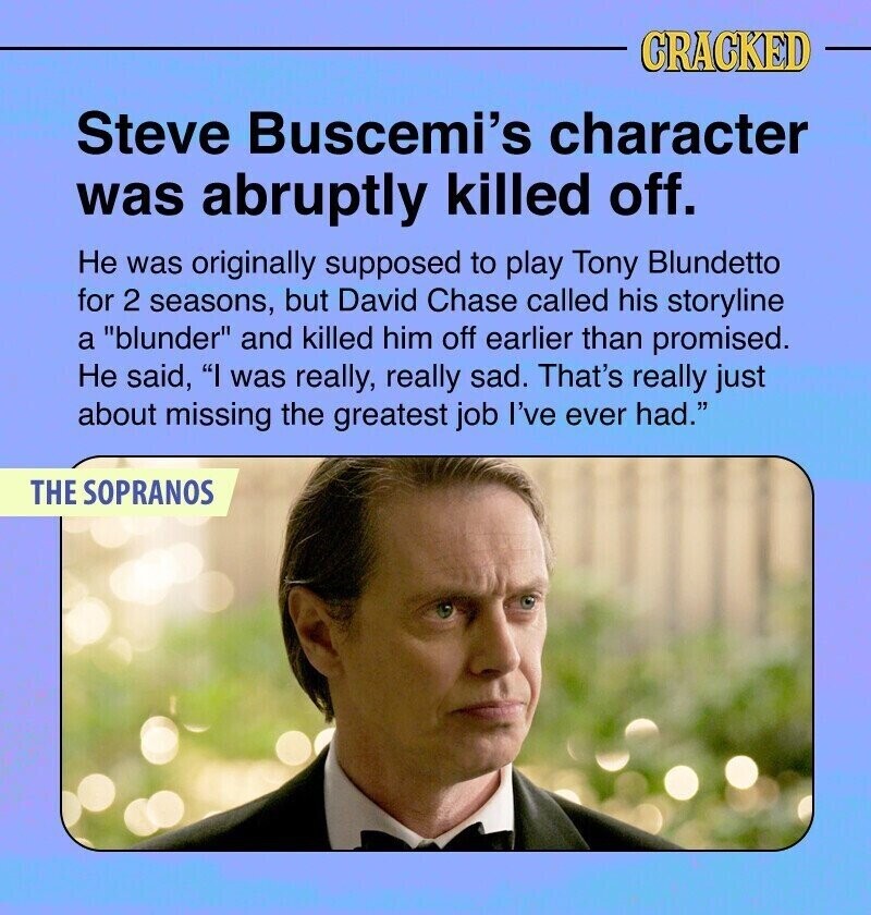 CRACKED Steve Buscemi's character was abruptly killed off. Не was originally supposed to play Tony Blundetto for 2 seasons, but David Chase called his storyline a blunder and killed him off earlier than promised. Не said, I was really, really sad. That's really just about missing the greatest job I've ever had. THE SOPRANOS