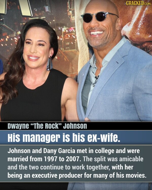 CRACKED COM Dwayne The Rock Johnson His manager is his ex-wife. Johnson and Dany Garcia met in college and were married from 1997 to 2007. The split was amicable and the two continue to work together, with her being an executive producer for many of his movies.