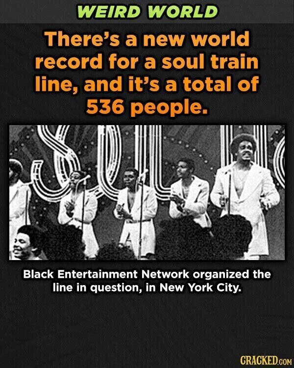 WEIRD WORLD There's a new world record for a soul train line, and it's a total of 536 people. Black Entertainment Network organized the line in question, in New York City. CRACKED.COM