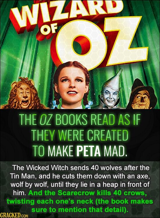 WIZARD OF oz THE OZ BOOKS READ AS IF THEY WERE CREATED TO MAKE PETA MAD. The Wicked Witch sends 40 wolves after the Tin Man, and he cuts them down with an ахе, wolf by wolf, until they lie in a heap in front of him. And the Scarecrow kills 40 crows, twisting each one's neck (the book makes sure to mention that detail). CRACKED.COM