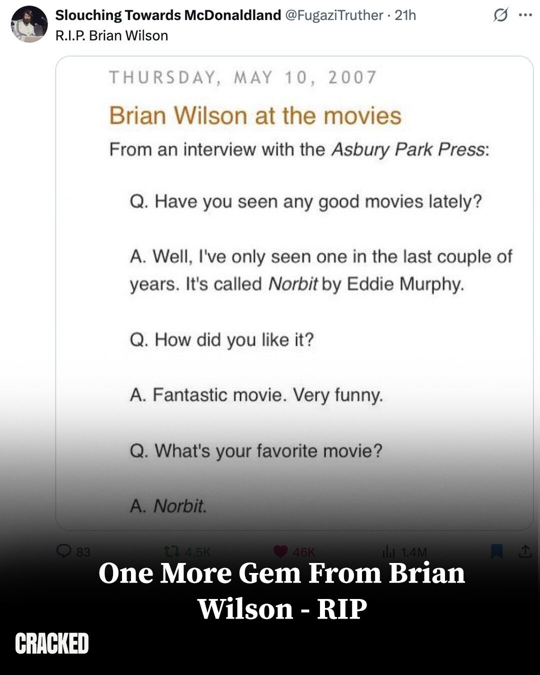 Slouching Towards McDonaldland @FugaziTruther . 21h s ... R.I.P. Brian Wilson THURSDAY, MAY 10, 2007 Brian Wilson at the movies From an interview with the Asbury Park Press: Q. Have you seen any good movies lately? A. Well, I've only seen one in the last couple of years. It's called Norbit by Eddie Murphy. Q. How did you like it? A. Fantastic movie. Very funny. Q. What's your favorite movie? A. Norbit. 83 4.5K 46K 1.4M One More Gem From Brian Wilson - RIP CRACKED