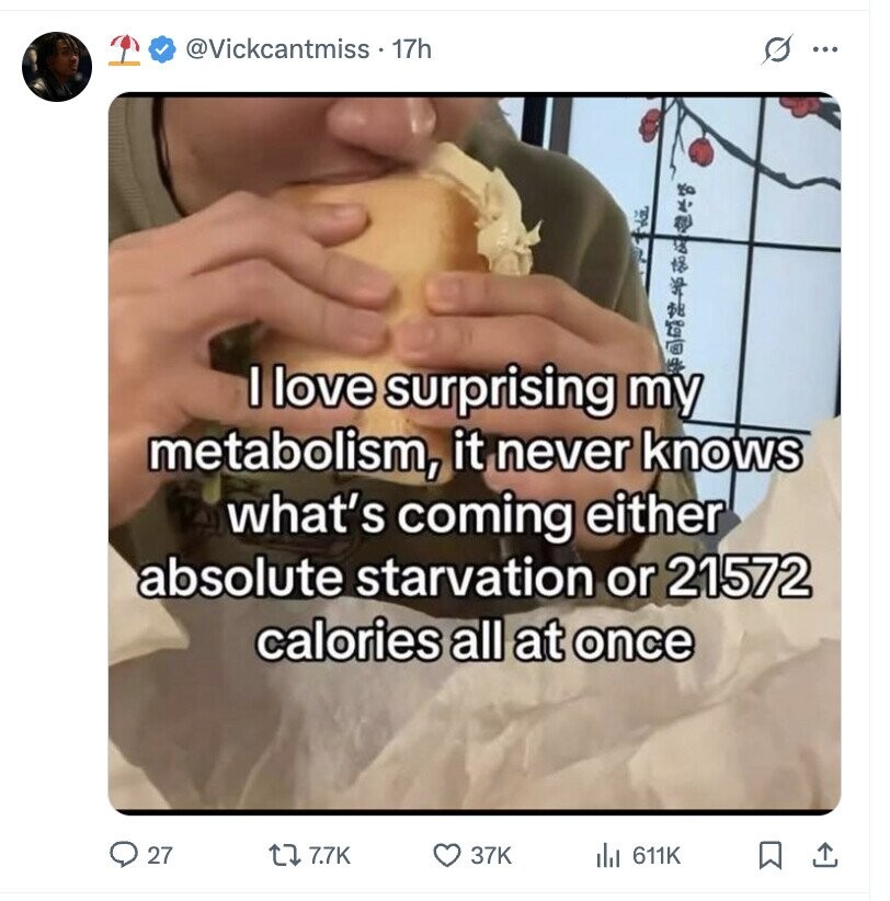 @Vickcantmiss • 17h G ... the I love surprising my metabolism, it never knows what's coming either absolute starvation or 21572 calories all at once 27 7.7K 37K 611K