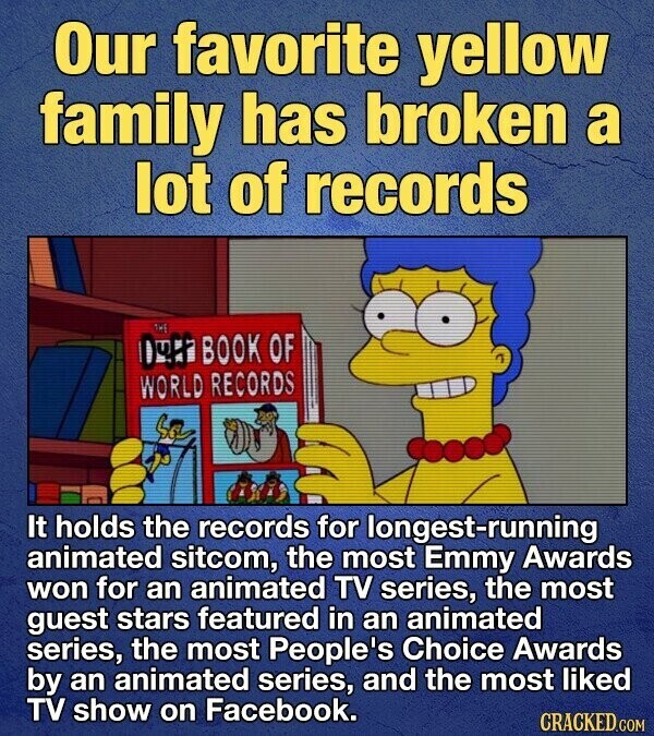 Our favorite yellow family has broken a lot of records THE ОчFF BOOK OF WORLD RECORDS It holds the records for longest-running animated sitcom, the most Emmy Awards won for an animated TV series, the most guest stars featured in an animated series, the most People's Choice Awards by an animated series, and the most liked TV show on Facebook. CRACKED.COM