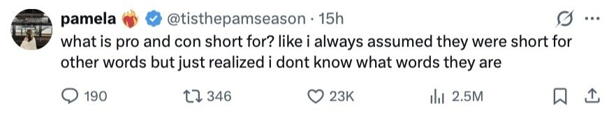 down *DISCOUNT pamela @tisthepamseason 15h ... what is pro and con short for? like i always assumed they were short for other words but just realized i dont know what words they are 190 346 23K del 2.5M 