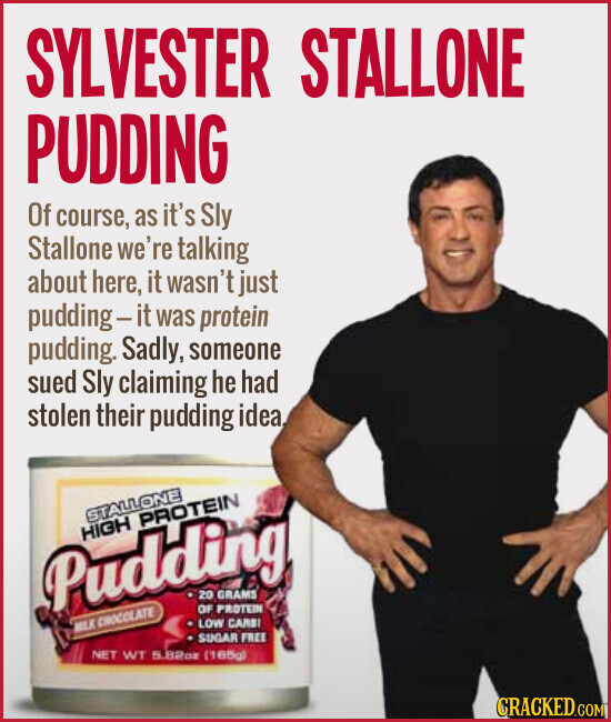 SYLVESTER STALLONE PUDDING Of course, as it's Sly Stallone we're talking about here, it wasn't just pudding-ity was protein pudding. Sadly, someone sued Sly claiming he had stolen their pudding idea, STALLONE HIGH PROTEIN Pudding 20 GRAMS OF PROTEIN LOW CARBI MILK CHOCOLATE SUGAR FREE NET WT 5.82oz (165g) CRACKED.COM