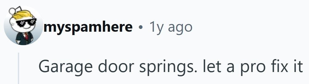 myspamhere . 1y ago Garage door springs. let a pro fix it