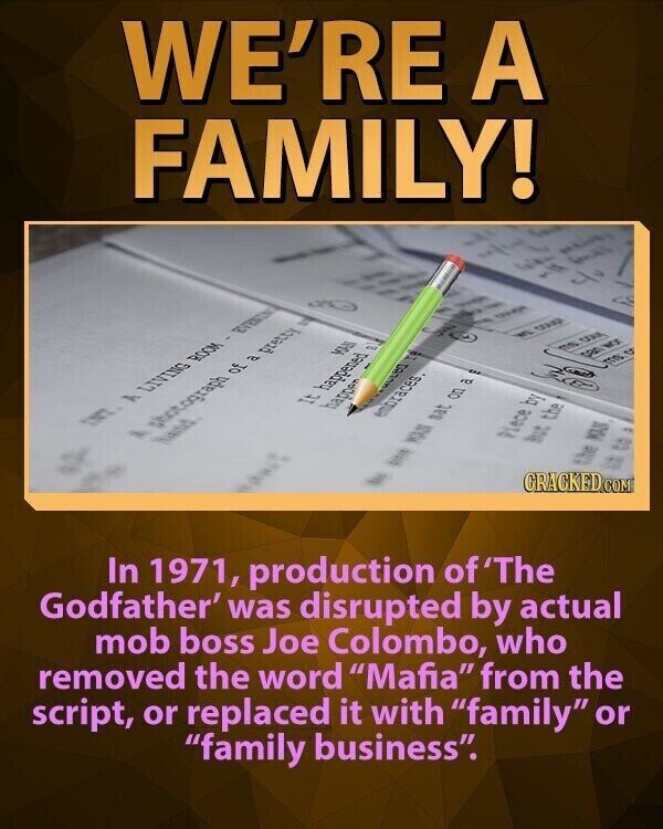 WE'RE A FAMILY! INT. h LIVING ROOM EVENTN - photograph of a pretty hand. MAN في It happened - happen 0912 Godfather' was disrupted by actual and In 1971, production of'The embraces. A MOUN I sat on a E TTS g) pan wor removed the word Mafia from the mob boss Joe Colombo, who ms.c Piece by script, or replaced it with family or But the the MAN GRACKED COM = S family business.