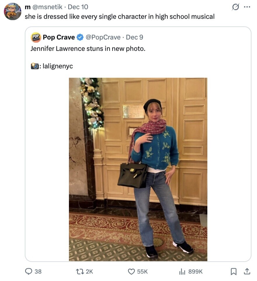 m @msnetik Dec 10 G ... she is dressed like every single character in high school musical POP GRAVE @PopCrave Dec 9 Pop Crave Jennifer Lawrence stuns in new photo. : lalignenyc 38 2K 55K 899K 