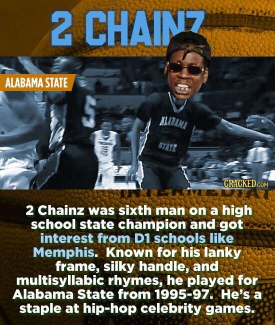 2 CHAINZ ALABAMA STATE ALABAMI STATE 2 Chainz was sixth man on a high school state champion and got interest from D1 schools like Memphis. Known for his lanky frame, silky handle, and multisyllabic rhymes, he played for Alabama State from 1995-97. He's a staple at hip-hop celebrity games.