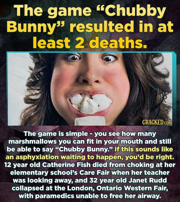 The game Chubby Bunny resulted in at least 2 deaths. CRACKED.co The game is simple you see how many marshmallows you can fit in your mouth and still be able to say Chubby Bunny. If this sounds like an asphyxiation waiting to happen, you'd be right. 12 year old Catherine Fish died from choking at her elementary school's Care Fair when her teacher was looking away, and 32 year old Janet Rudd collapsed at the London, Ontario Western Fair, with paramedics unable to free her airway.