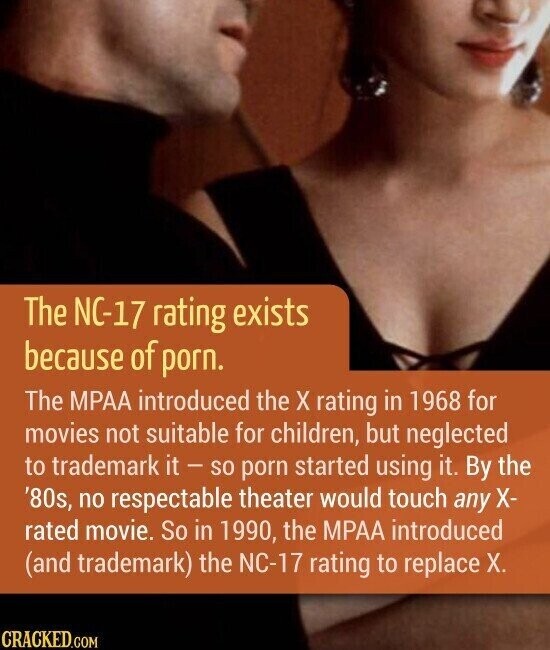 The NC-17 rating exists because of porn. The MPAA introduced the X rating in 1968 for movies not suitable for children, but neglected to trademark it - so porn started using it. By the '80s, no respectable theater would touch any X- rated movie. So in 1990, the MPAA introduced (and trademark) the NC-17 rating to replace X. CRACKED.COM