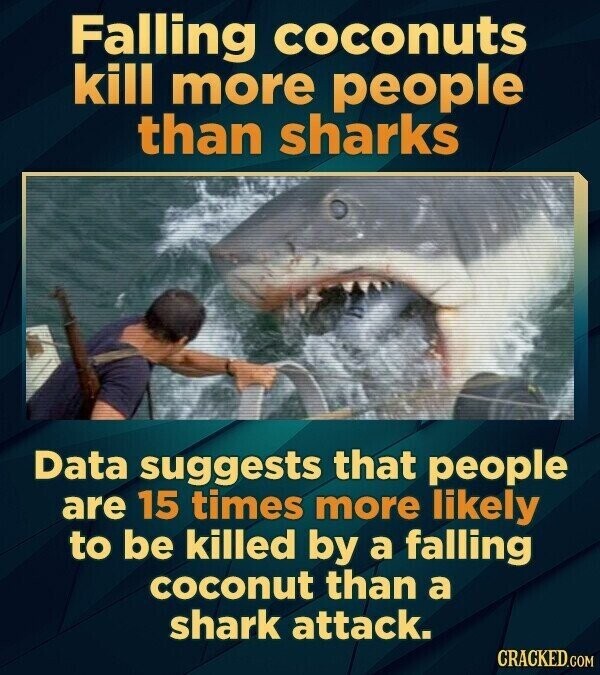 Falling coconuts kill more people than sharks Data suggests that people are 15 times more likely to be killed by a falling coconut than a shark attack. CRACKED.COM