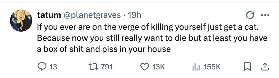 tatum @planetgraves 19h ... If you ever are on the verge of killing yourself just get a cat. Because now you still really want to die but at least you have a box of shit and piss in your house 13 791 13K 155K