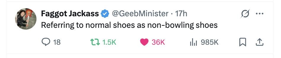 @GeebMinister 17h Faggot Jackass Referring to normal shoes as non-bowling shoes 18 1.5K 36K 985K