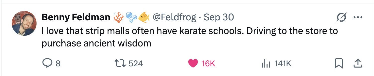 @Feldfrog Sep 30 Benny Feldman ... I love that strip malls often have karate schools. Driving to the store to purchase ancient wisdom 8 524 16K 141K 