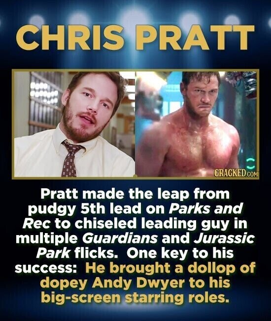 CHRIS PRATT CRACKED.COM Pratt made the leap from pudgy 5th lead on Parks and Rec to chiseled leading guy in multiple Guardians and Jurassic Park flicks. One key to his success: Не brought a dollop of dopey Andy Dwyer to his big-screen starring roles.