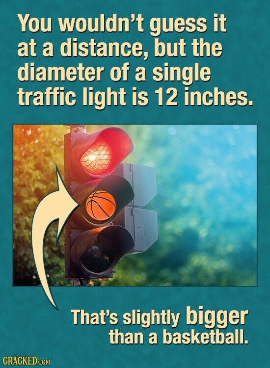 You wouldn't guess it at a distance, but the diameter of a single traffic light is 12 inches. That's slightly bigger than a basketball. CRACKED COM